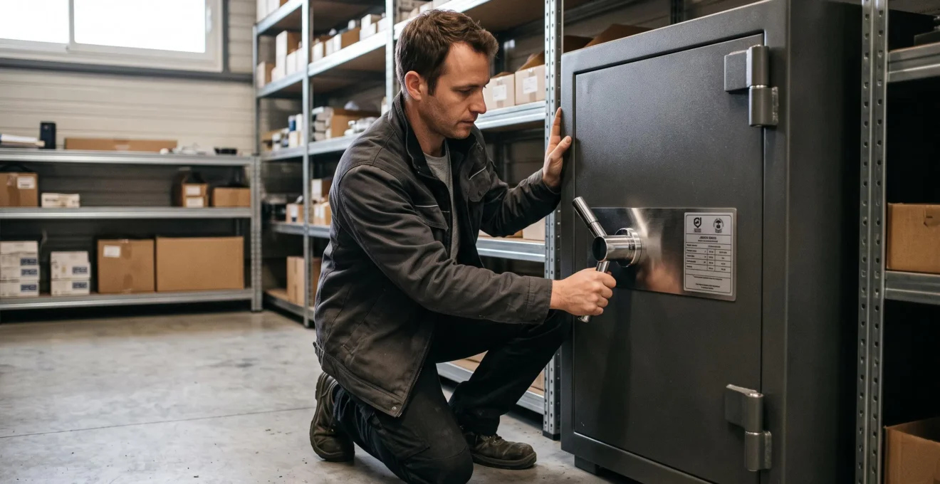 Un installateur ferme la porte d'un coffre-fort professionnel dans un local de stockage d'entreprise.