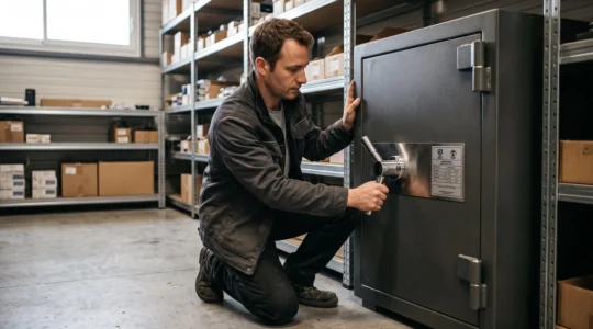 Un installateur ferme la porte d'un coffre-fort professionnel dans un local de stockage d'entreprise.