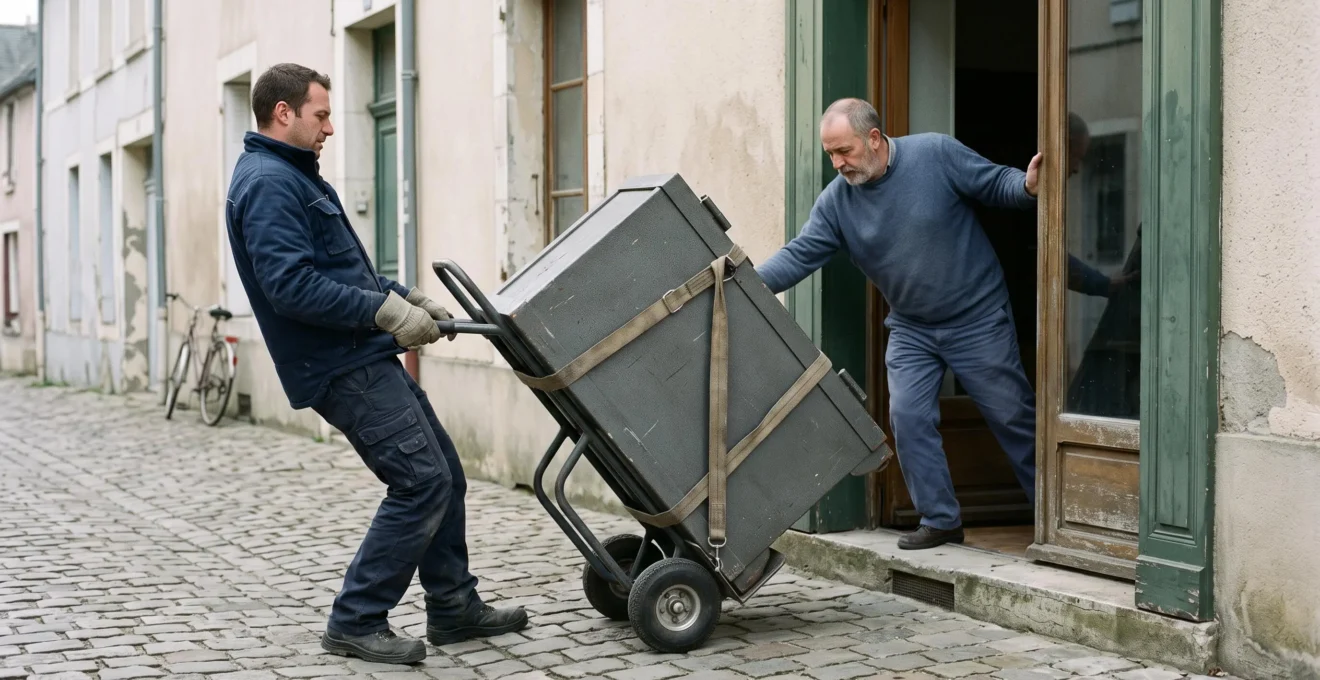 Un livreur et un commerçant manœuvrent un coffre-fort lourd sur un diable monte-escalier devant un local commercial.