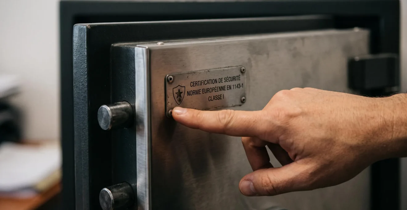 Une main montre la plaque de certification fixée sur le chant de la porte d'un coffre-fort professionnel ouvert.
